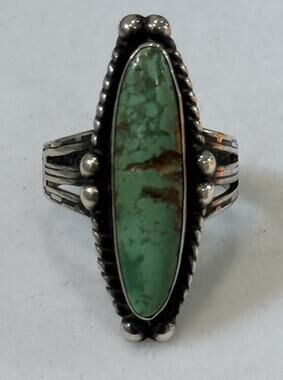 Vintage Navajo Turquoise Sterling Silver Green Turquoise Ring Old Pawn Size 6.5